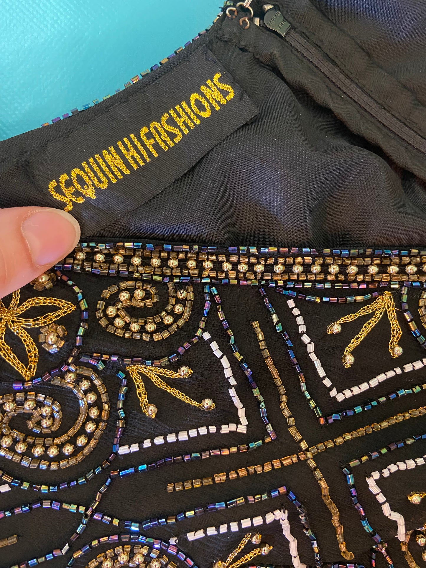 VINTAGE DIAMOND GEOMETRIC SEQUIN TOP WITH BEADED SCALLOPED EDGES