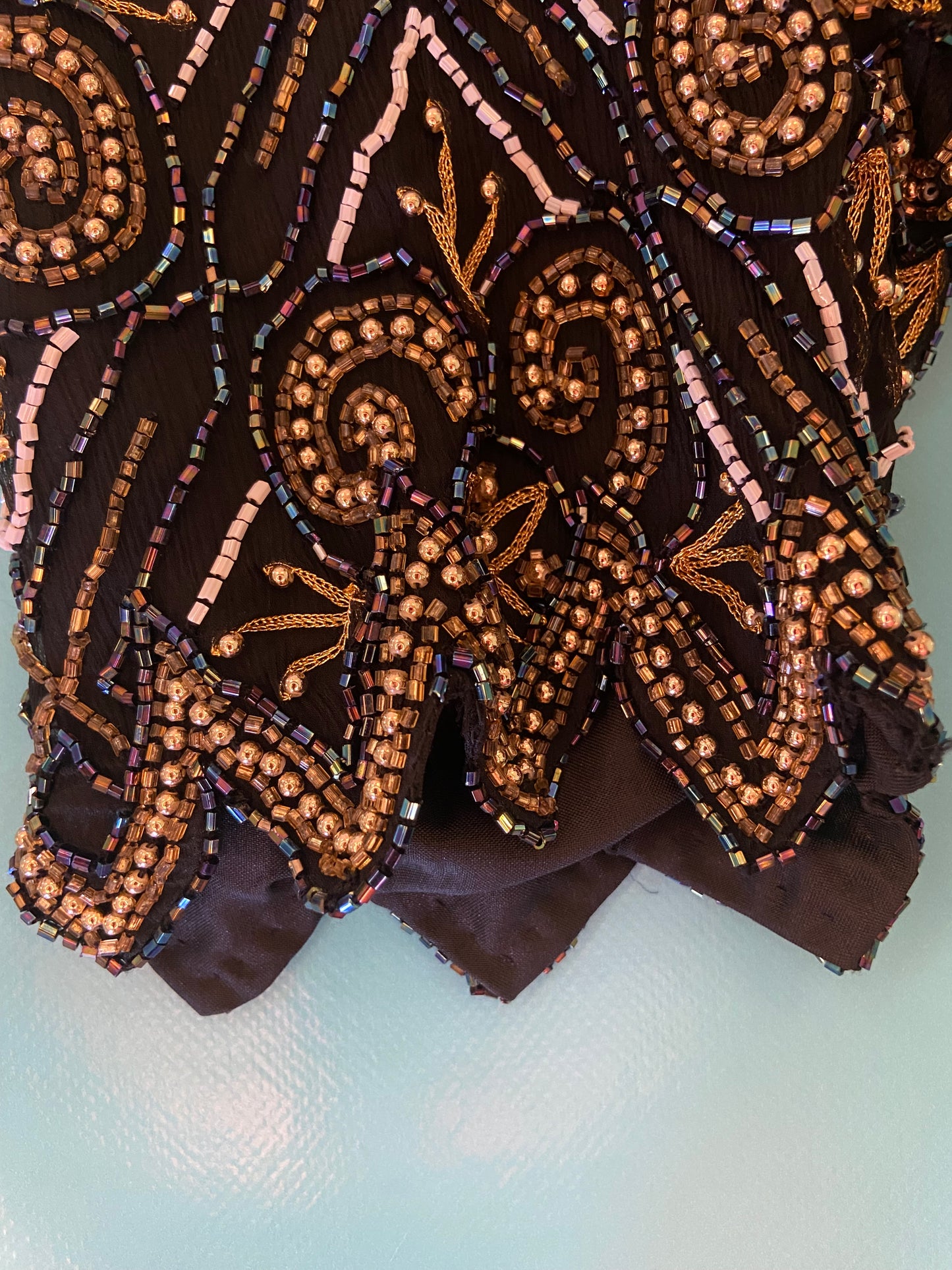 VINTAGE DIAMOND GEOMETRIC SEQUIN TOP WITH BEADED SCALLOPED EDGES