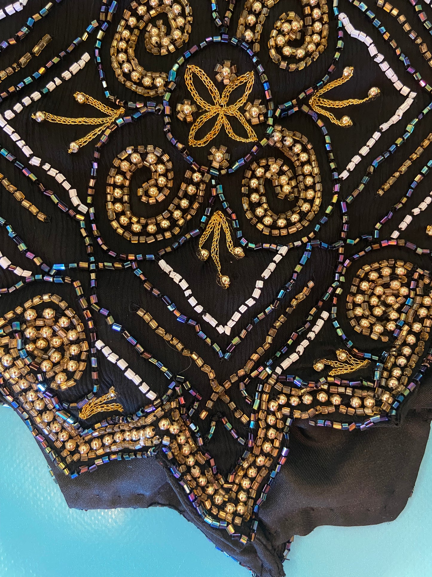 VINTAGE DIAMOND GEOMETRIC SEQUIN TOP WITH BEADED SCALLOPED EDGES