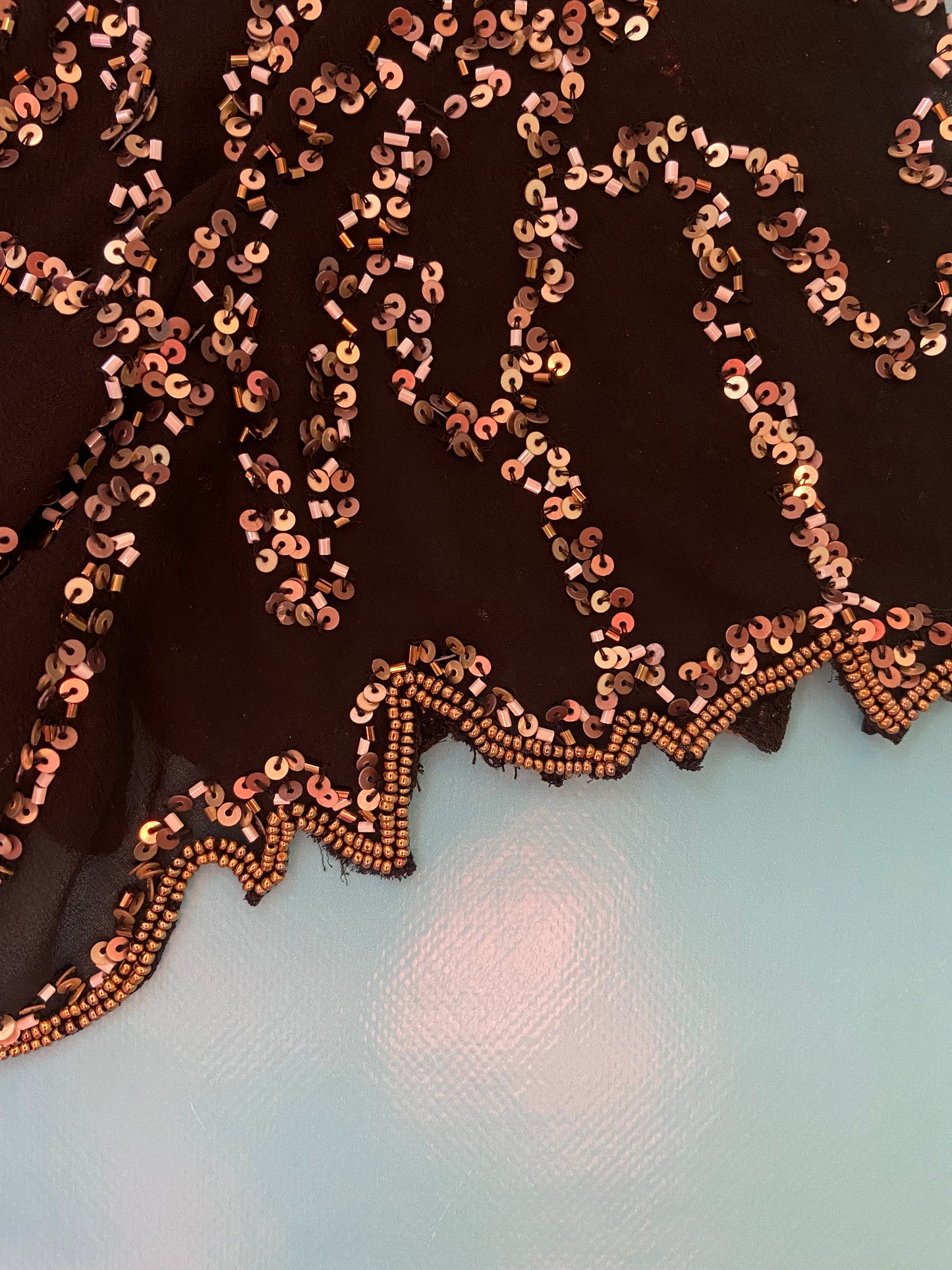 STUNNING VINTAGE SEQUIN TOP WITH BEADED TEXTURED-SCALLOPED SLEEVE AND BODICE