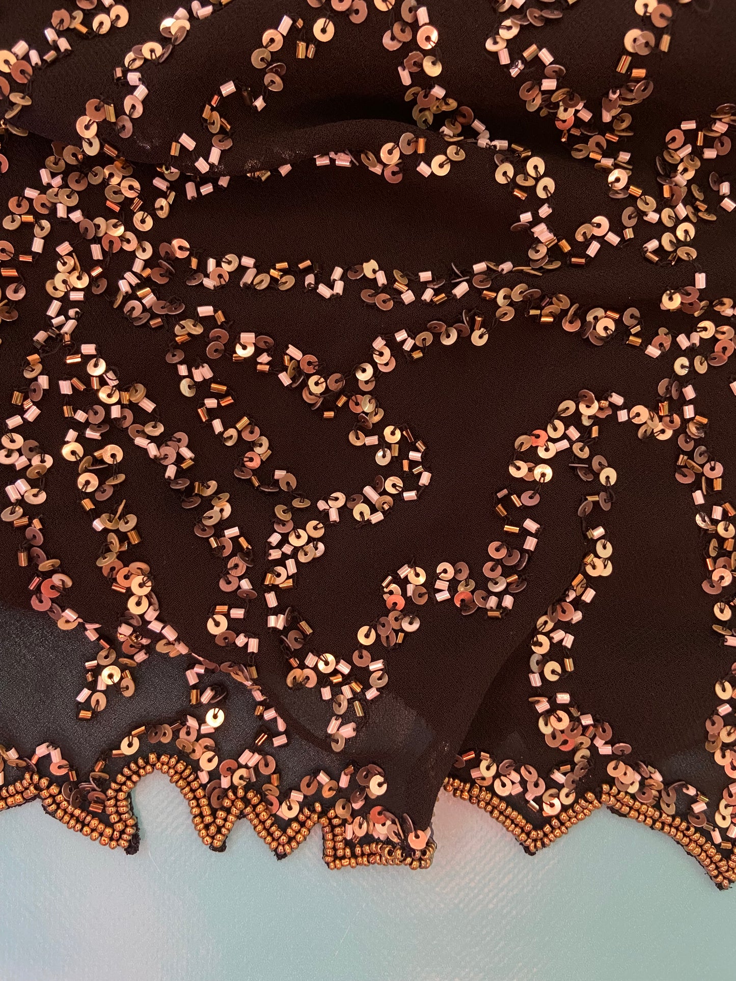 STUNNING VINTAGE SEQUIN TOP WITH BEADED TEXTURED-SCALLOPED SLEEVE AND BODICE