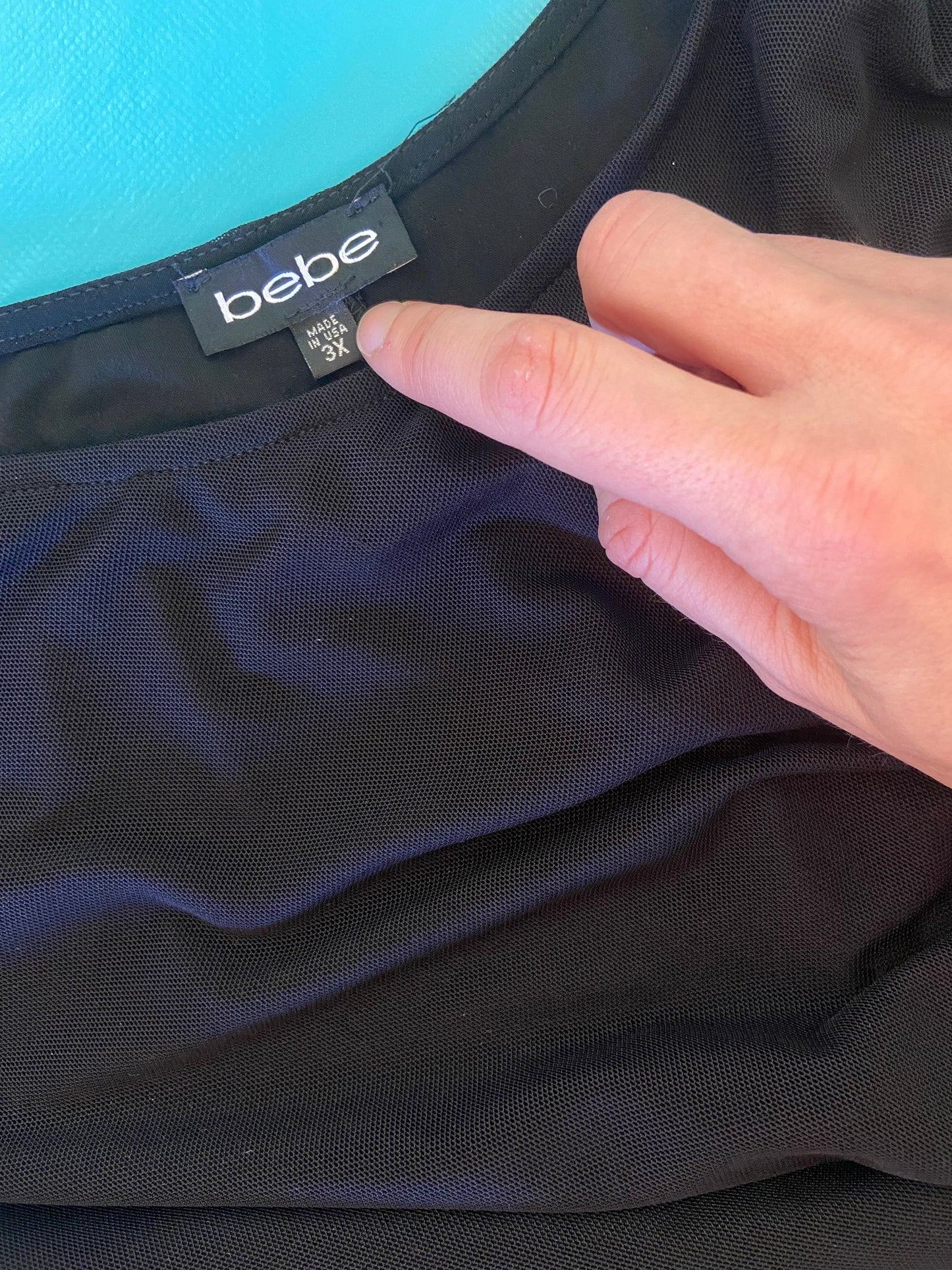 BLACK STRETCH MESH "BEBE" COCKTAIL DRESS