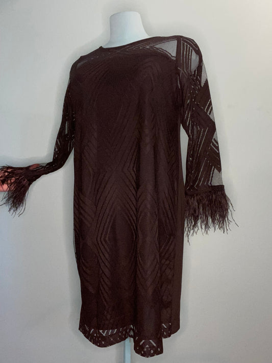 "ELOQUI" BLACK LACE AND MARABOU COCKTAIL DRESS WITH FEATHERED SLEEVE CUFFS