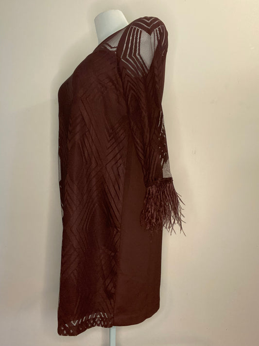 "ELOQUI" BLACK LACE AND MARABOU COCKTAIL DRESS WITH FEATHERED SLEEVE CUFFS