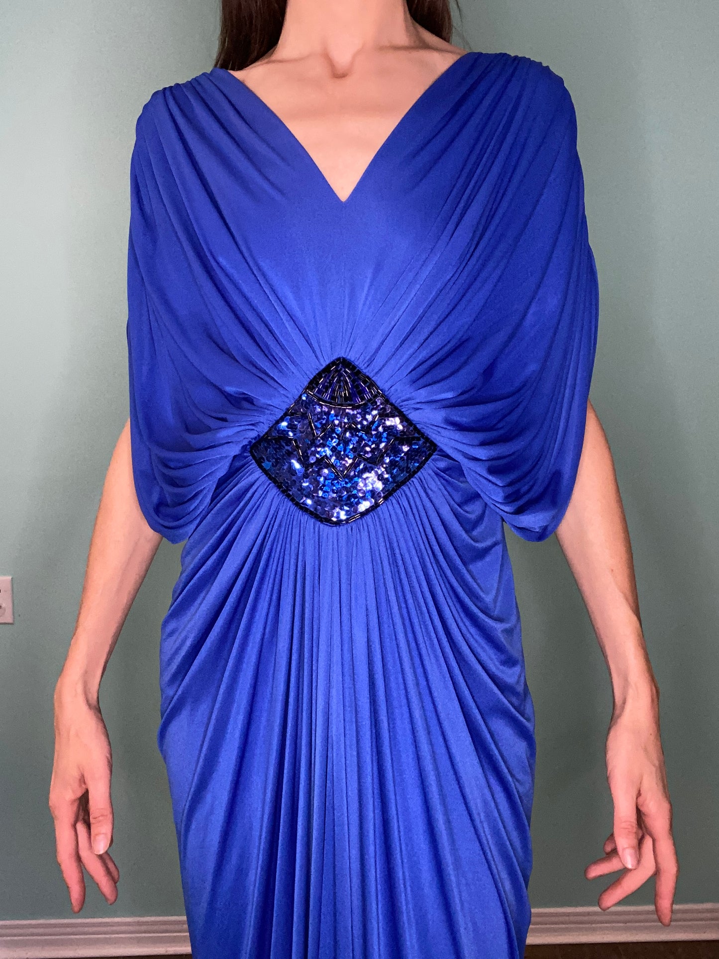 VINTAGE BLUE GRECCO-ROMAN STYLE GOWN WITH SEQUIN EMBELLISHMENT