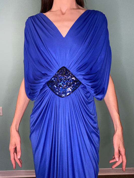 VINTAGE BLUE GRECCO-ROMAN STYLE GOWN WITH SEQUIN EMBELLISHMENT
