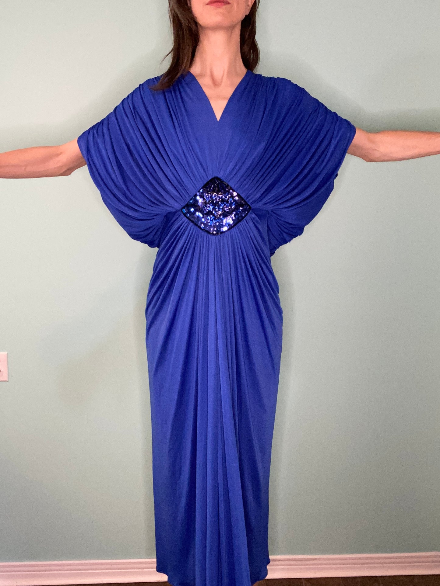 VINTAGE BLUE GRECCO-ROMAN STYLE GOWN WITH SEQUIN EMBELLISHMENT
